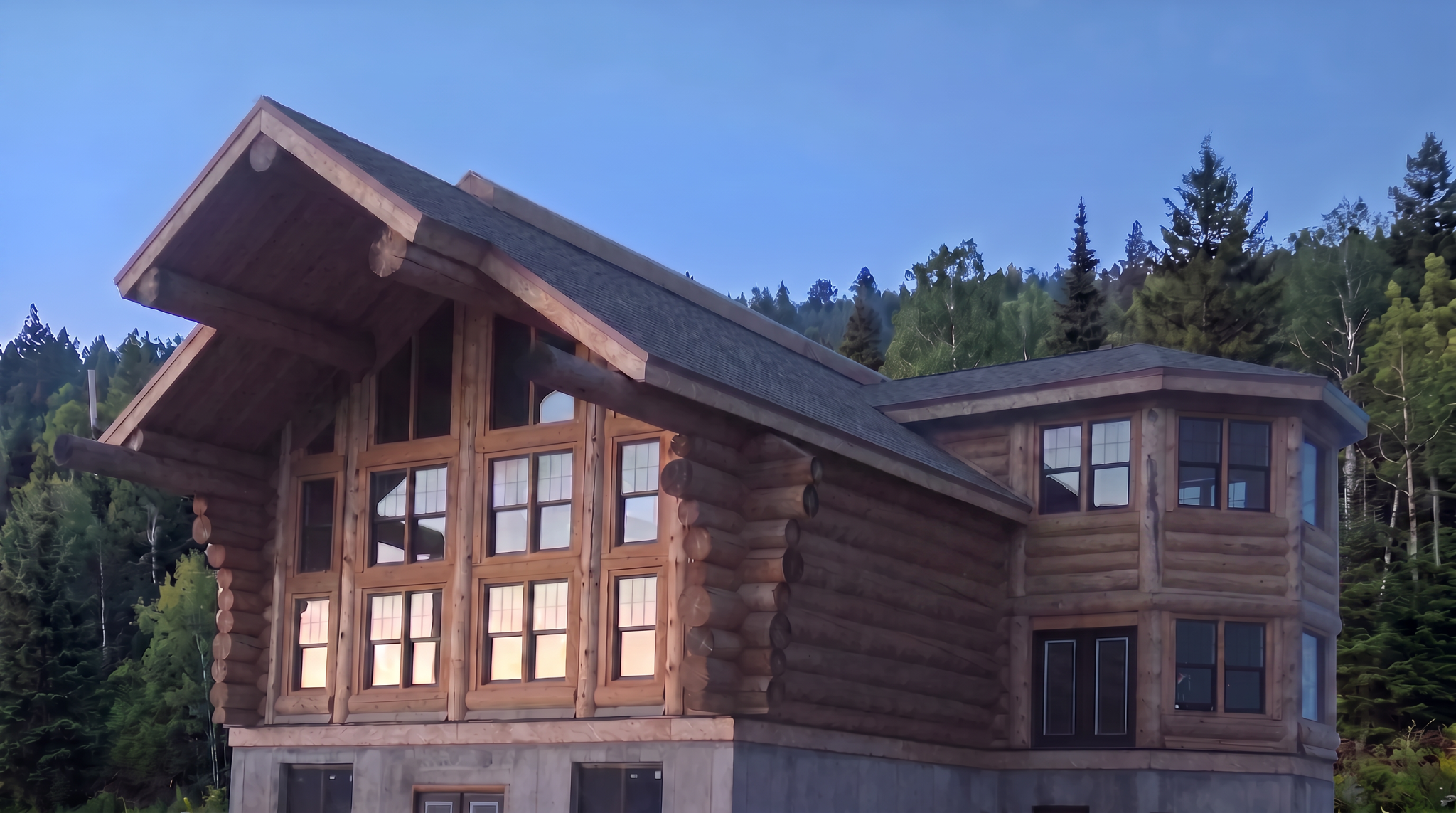 Custom handcrafted Caribou log home surrounded by mountain scenery