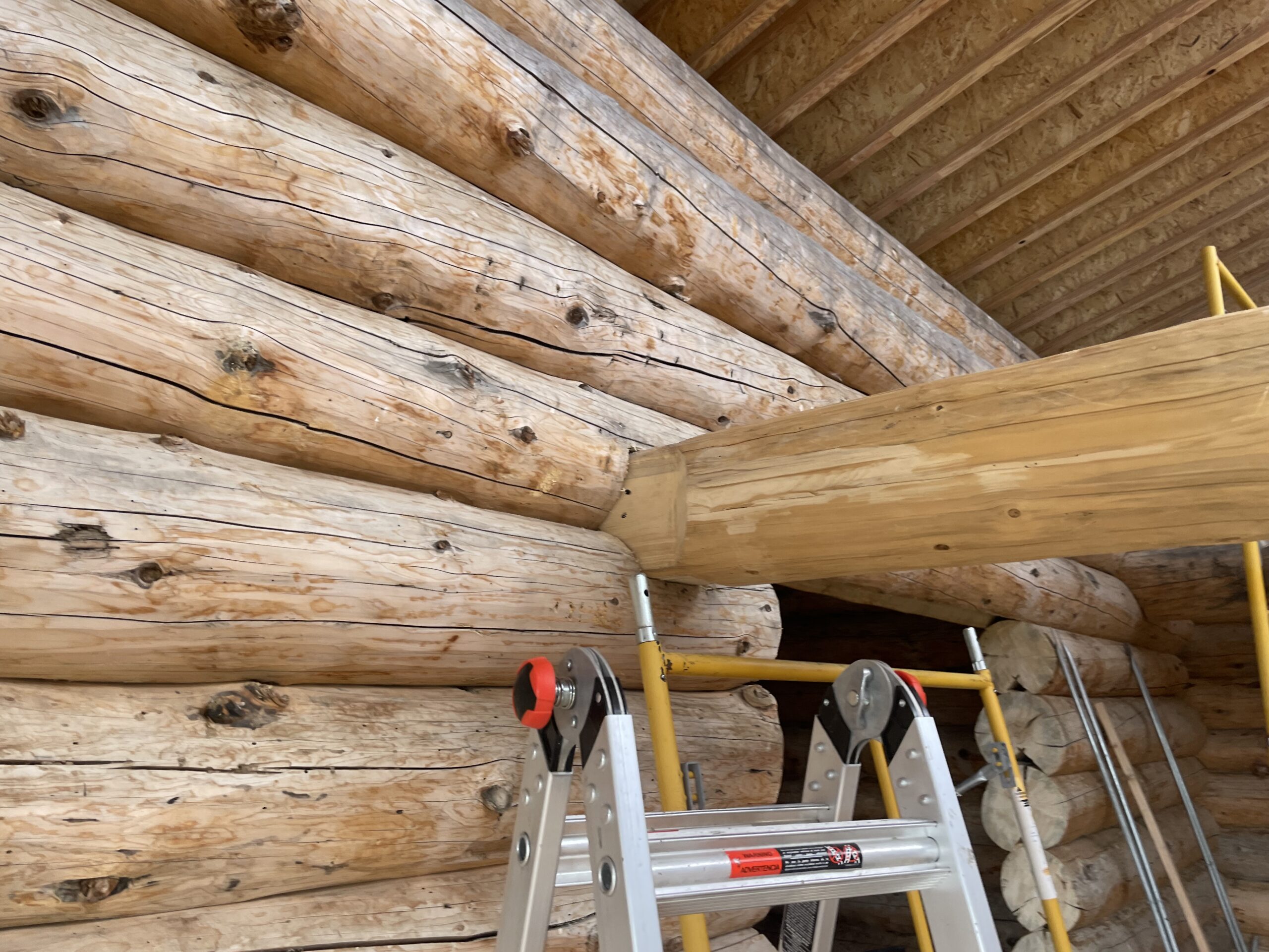 Structural timber fitted into the Burton log wall
