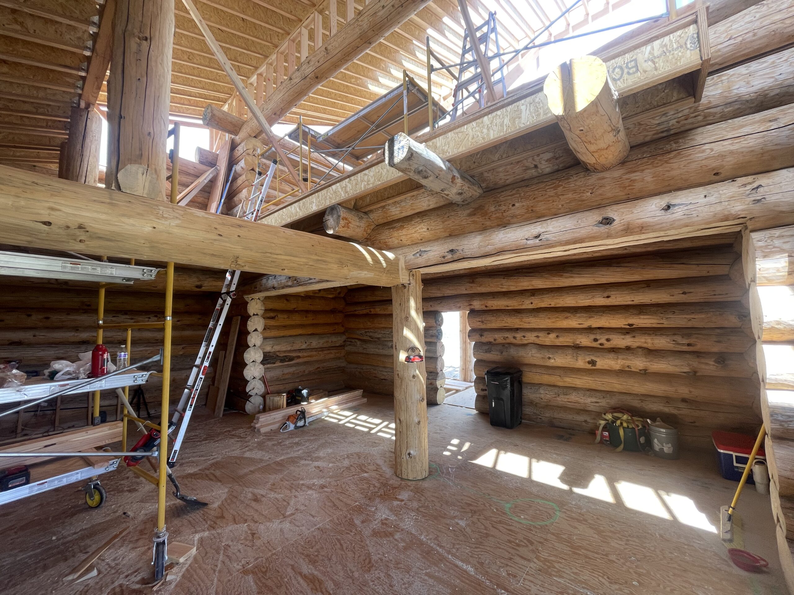 Interior beam and log construction on the Burton project